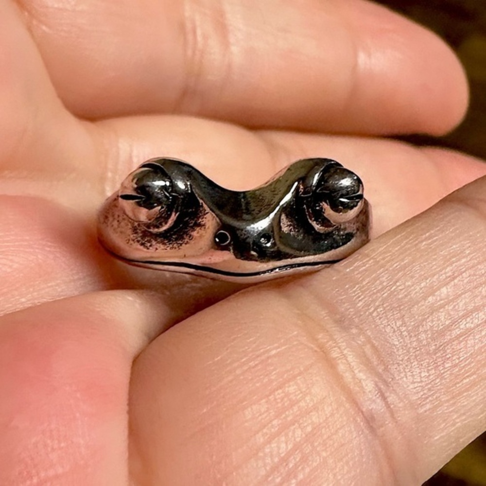 stamped sterling silver Frog face adjustable ring.